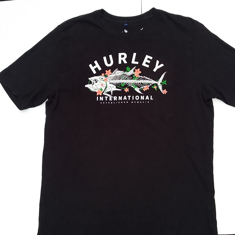 Hurley Black Tee with Skeleton Fish and Floral Accents